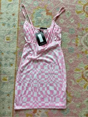 PrettyLittleThing Pink Abstract Checker Print Bodycon Mini Dress NWT US 8